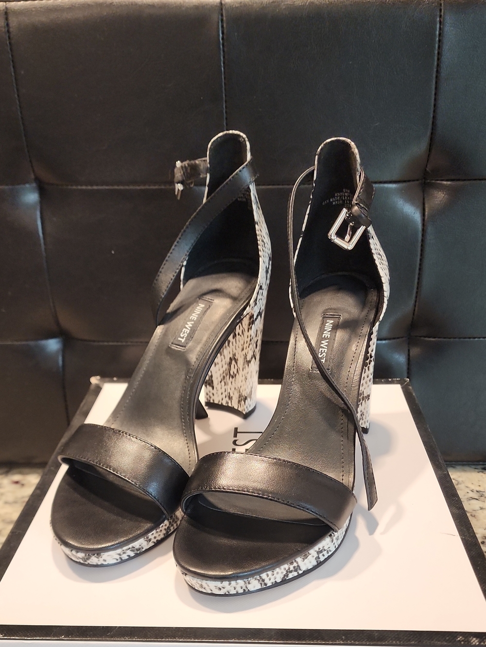 Nine West Dempsey3 Black Sandals with Snake-Print Block Heel